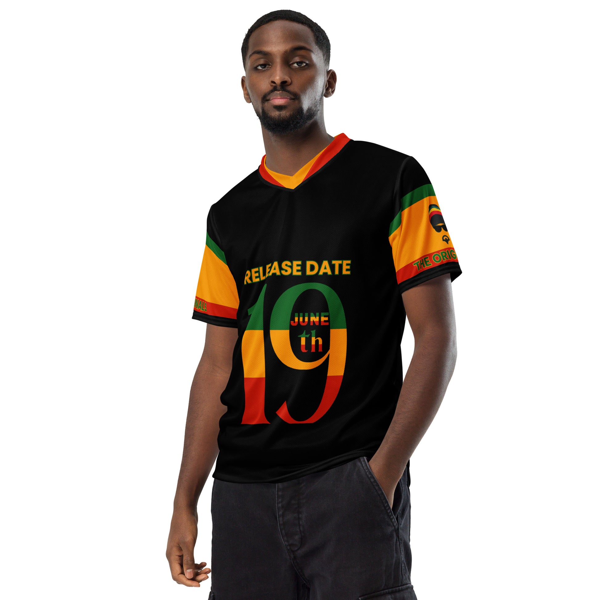 - “Afro-Caribbean jersey with red, gold, and green Rasta colors and number 19 design”