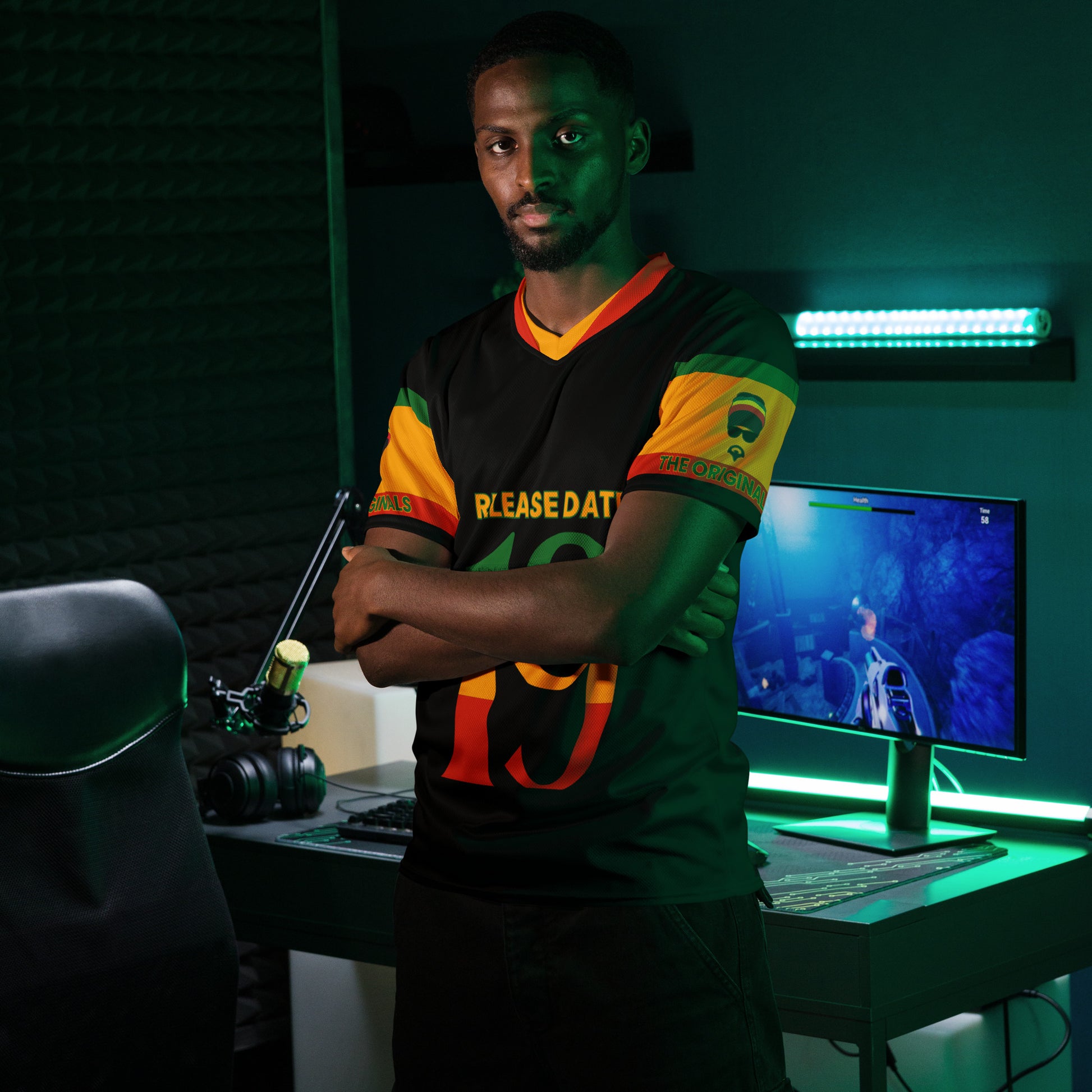 - “Afro-Caribbean jersey with red, gold, and green Rasta colors and number 19 design”