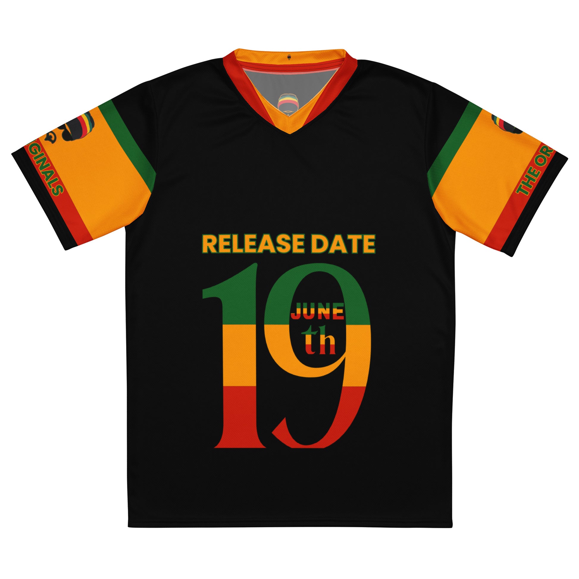- “Afro-Caribbean jersey with red, gold, and green Rasta colors and number 19 design”